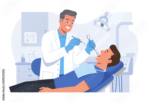 Caring dentist providing professional dental care and checkup to patient in modern office with smile, ensuring healthy teeth and oral hygiene