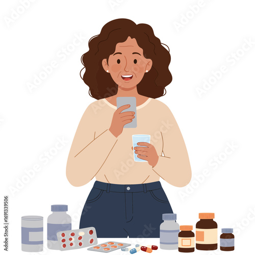 Mature woman taking medication with water and using smartphone to manage health, promoting wellness and self-care in a modern lifestyle