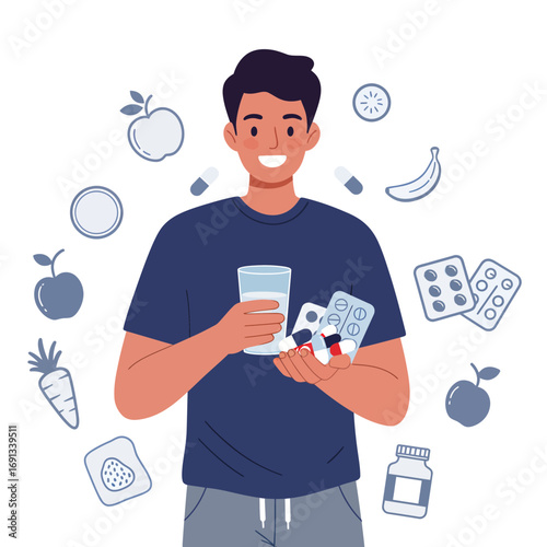 Smiling man embracing wellness, holding pills, water and surrounded by healthy food icons, promoting healthcare and wellbeing naturally