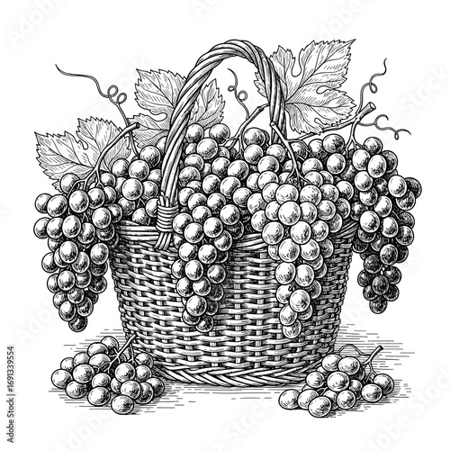 Basket filled with grapes – detailed hand-drawn black and white vintage sketch. Perfect for wine labels, farmers markets, organic produce, or autumn harvest themes. Vector engraving illustration.