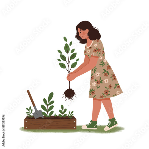 Woman plants a tree, contributing to reforestation and environmental care with a focus on sustainability and growth for a greener future