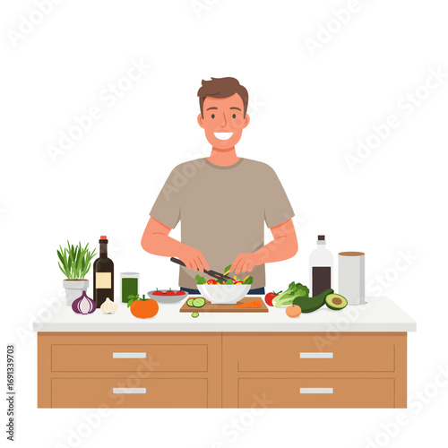 Healthy lifestyle advocate making a vibrant salad with fresh organic ingredients in a bright modern kitchen, promoting wellness and mindful eating