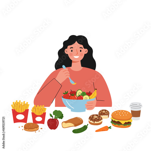 Healthy balanced lifestyle choices illustration showing diverse foods, fruits, burger, salad promoting well-being and nutrition for all ages
