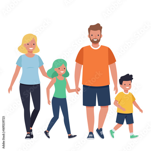 Happy family enjoying a leisurely stroll together, father, mother, daughter and son spending quality time walking and smiling with a vector design style