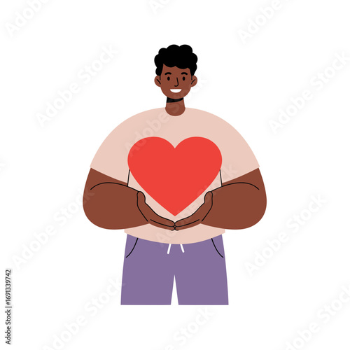 Show your love with this cheerful character holding a vibrant heart, perfect for Valentine's Day promotions or heartfelt messages, vector design