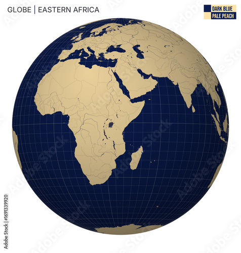 Vector Globe centered to Eastern Africa. Dark Blue Pale Peach palette. World map with meridians, parallels, countries, rivers and lakes. Awesome vector illustration.