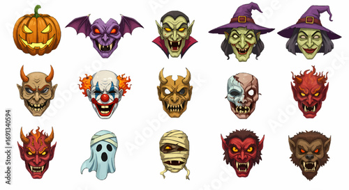 Collection of cartoon Halloween monster and spooky character faces.