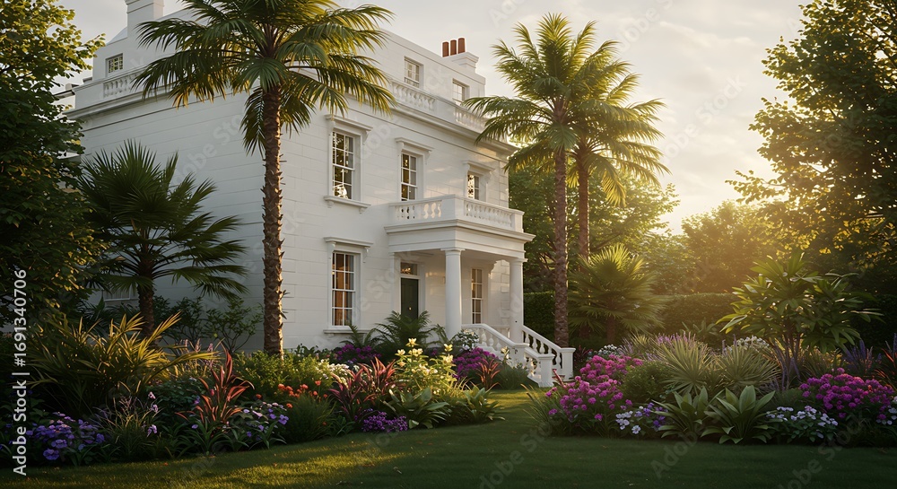 Obraz premium Exterior of a elegant house located in an upscale London neighborhood, featuring whitewashed exteriors with tropical landscaping. Modern Luxury Real Estate