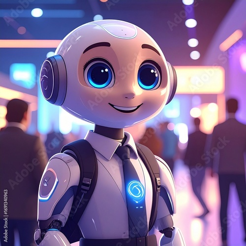 A friendly, smiling humanoid robot with glowing blue eyes and a backpack stands in a futuristic, bustling public space.