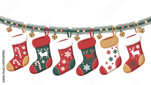 Christmas stockings hanging on a garland with bells, evoking holiday cheer.
