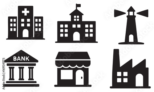 Vector art of set of essential public building icons, including a hospital, school, lighthouse, bank, shop, and factory, ideal for urban planning and informational designs