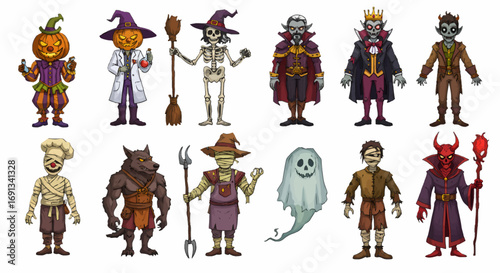 A collection of cartoonish Halloween characters, featuring pumpkins, skeletons, vampires, and monsters.