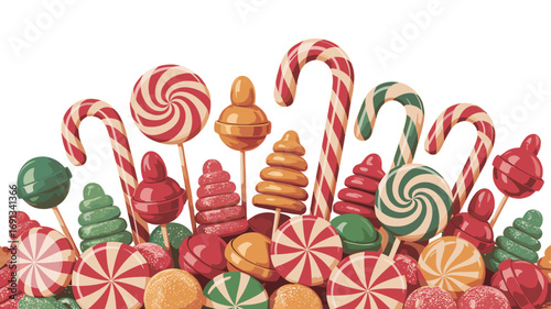 A colorful assortment of candies, including lollipops and candy canes.