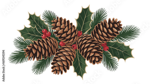 Festive holiday arrangement featuring pinecones and winter greenery.