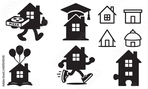 Vector art of diverse set of house icons, featuring pizza delivery, graduation, simple house, aframe house, igloo, balloon house, running house, puzzle house, each with a distinct style and purpose