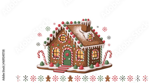 Festive gingerbread house decorated for the holidays.