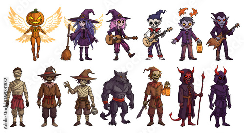 A collection of cartoon Halloween characters including a pumpkin fairy, witches, a skeleton, a vampire, a mummy, a scarecrow, a werewolf, a goblin, and devils.