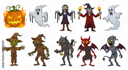 Cartoon Halloween characters, including a jack-o'-lantern, ghosts, vampires, a scarecrow, werewolves, and a devil.