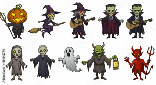 Cartoon Halloween characters, including witches, vampires, ghosts, and devils, in various poses.