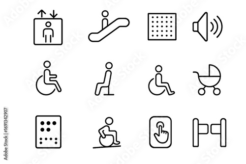 Accessibility Icon Set. Outline icon set of accessibility features: elevator, escalator, tactile paving, wheelchair icon, priority