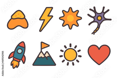 Adrenaline Icon Adventure. Flat vector mini-illustrations Adrenaline surge in colors children's illustrations: adrenal gland,