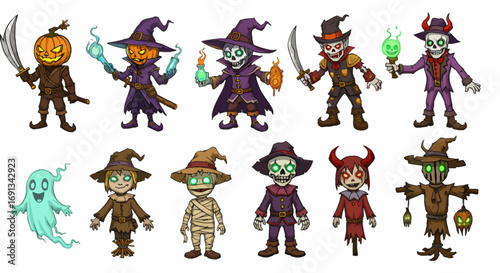 Cartoon Halloween characters in various costumes, holding props and weapons, set against a white background.