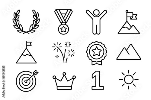 Icons of Achievement. Outline icon set of Triumph and achievement: laurel wreath, medal, trophy, person with arms raised, summit