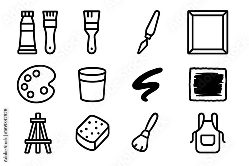 Acrylic Painting Icon Set. Outline icon set of acrylic painting tools: paint tubes, flat brush, palette knife, stretched canvas,