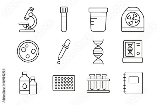 Advanced Lab Icons. Outline icon set of Advanced lab diagnostics: microscope, blood sample vial, urine test cup, centrifuge, petri