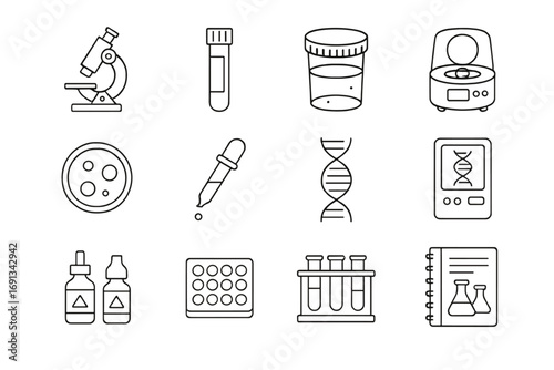 Advanced Lab Icons. Outline icon set of Advanced lab diagnostics: microscope, blood sample vial, urine test cup, centrifuge, petri