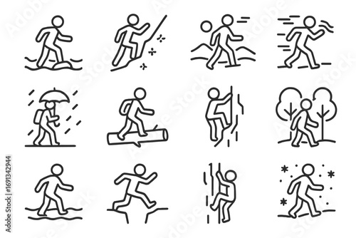 Adventure Icon Set. Outline icon set of Overcoming natural obstacles: crossing river, climbing icy slope, walking in desert,