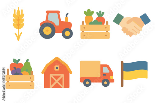 Agricultural Export Icons. Flat vector mini-illustrations Agricultural export cooperation in colors children’s illustrations: