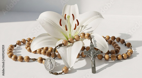 Serene white lily cradles wooden rosary beads with crucifix, symbolizing faith and peace.