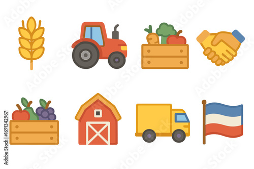 Agricultural Export Icons. Flat vector mini-illustrations Agricultural export cooperation in colors children’s illustrations: