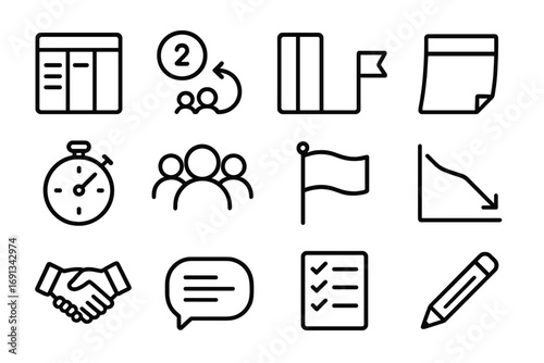 Agile Sprint Icons. Outline icon set of agile sprint planning board: sprint backlog, story points, kanban column, sticky note,