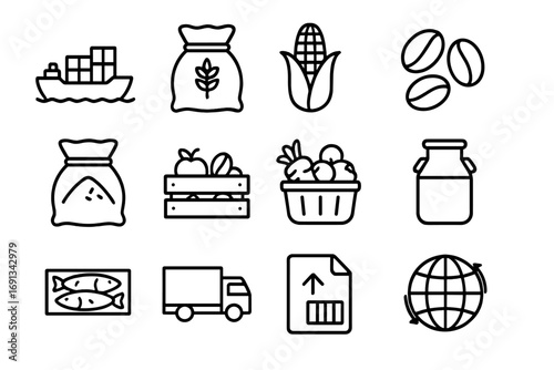 Agricultural Trade Icons. Outline icon set of trade in food products and agricultural commodities: cargo ship with containers,