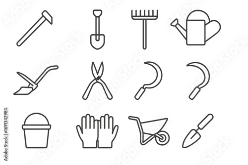 Agricultural Tools Icons. Outline icon set of agricultural tools: hoe, spade, rake, watering can, plow, shears, scythe, sickle,