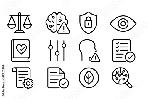 AI Ethics Icons. Outline icon set of AI ethics and governance: balanced scale, AI brain with caution sign, privacy shield,