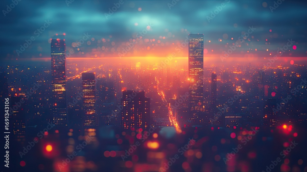 Fototapeta premium Cityscape at Sunset Glowing Lights and Skyscrapers