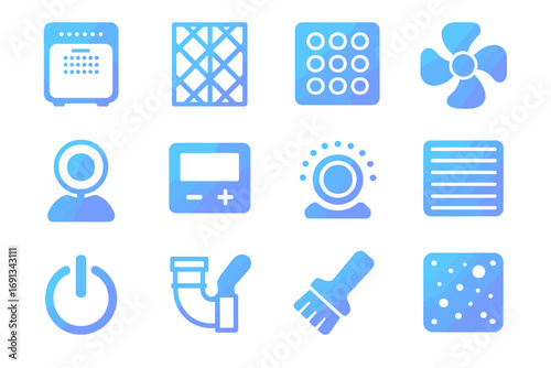 Air Purifier Icons Set. Gradient icons set of air purifier maintenance elements: air purifier unit, HEPA filter, charcoal filter,