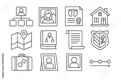 Ancestry Icon Set. Outline icon set of Ancestry and genealogy learning: family tree diagram, old photograph, birth certificate,