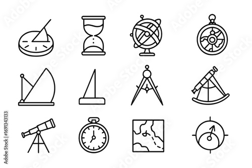 Ancient Timekeeping Icons. Outline icon set of Historical measurement of Earth’s rotation: ancient sundial, water clock, armillary