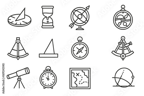Ancient Timekeeping Icons. Outline icon set of Historical measurement of Earth’s rotation: ancient sundial, water clock, armillary