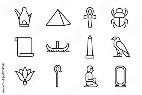 Ancient Egypt Icons. Outline icon set of ancient Egyptian living history: pharaoh crown, pyramid, ankh, scarab, papyrus scroll,