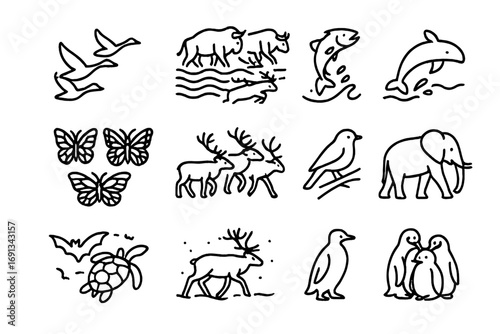 Animal Migration Icons. Outline icon set of Animal migration for survival: geese flying in V-formation, wildebeest crossing river,