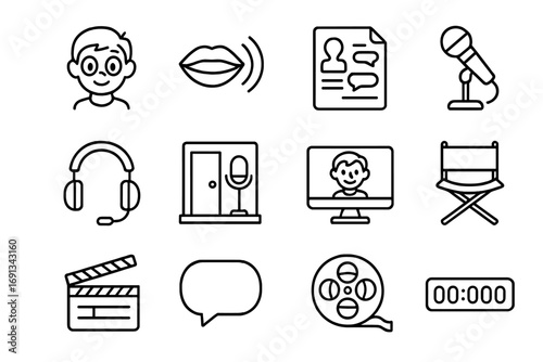 Animation Dubbing Icons. Outline icon set of animation dubbing: cartoon character, lip sync icon, dialogue script, mic on stand,