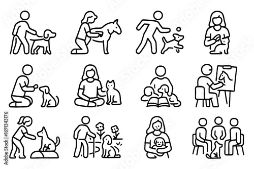 Animal Therapy Icons. Outline icon set of animal-assisted therapy activities: animal walking alongside patient, grooming animal,
