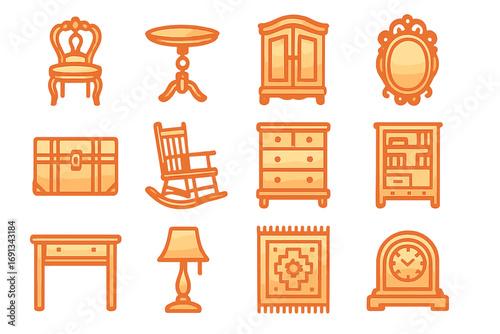 Antique Furniture Icons. Gradient icons set of antique furniture pieces: carved wooden chair, side table, armoire, gilt mirror