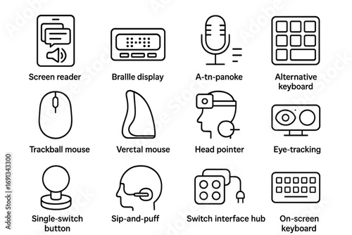 Assistive Tech Icons. Outline icon set of Assistive tech & input devices: screen reader app, braille display, speech-to-text