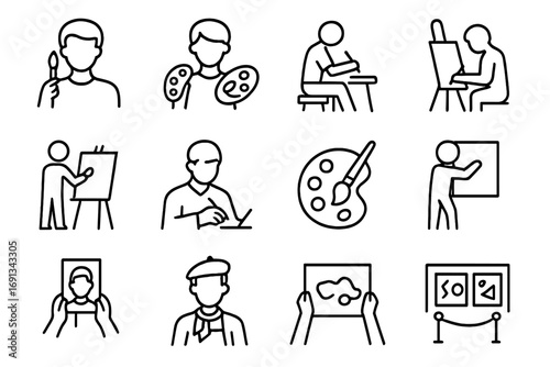 Artists Icon Set. Outline icon set of artists at work: painter with brush, artist holding palette, person seated sketching, figure